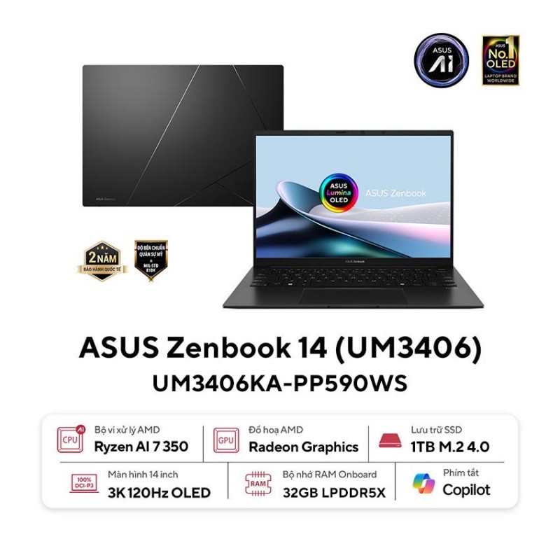 Laptop Asus ZenBook UM3406KA-PP590WS (R7 AI7 350/32GB RAM/1TB SSD/14 3K Oled 120Hz/Win11/OfficeH&S/Túi/Đen)