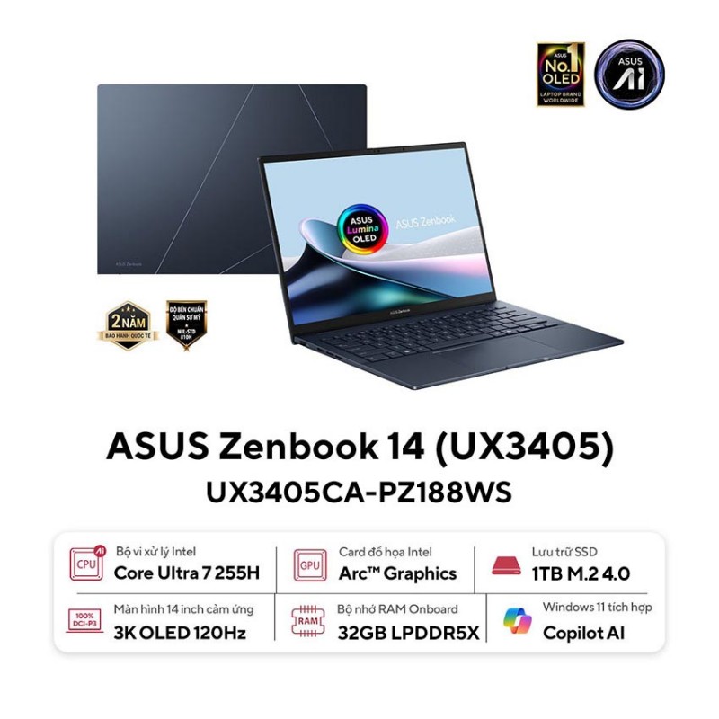 Laptop Asus ZenBook UX3405CA-PZ188WS (U7 255H/32GB RAM/1TB SSD/14 3K Oled Cảm ứng/Win11&Office/Túi/Xanh)