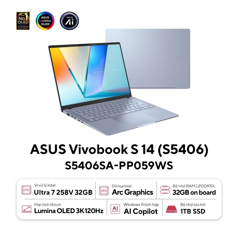 Laptop Asus Vivobook S14 OLED S5406SA-PP059WS (Ultra 7-258V/ 32GB/ 1TB/ Onboard/ Windows 11)
