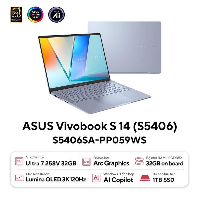 Laptop Asus Vivobook S14 OLED S5406SA-PP059WS (Ultra 7-258V/ 32GB/ 1TB/ Onboard/ Windows 11)