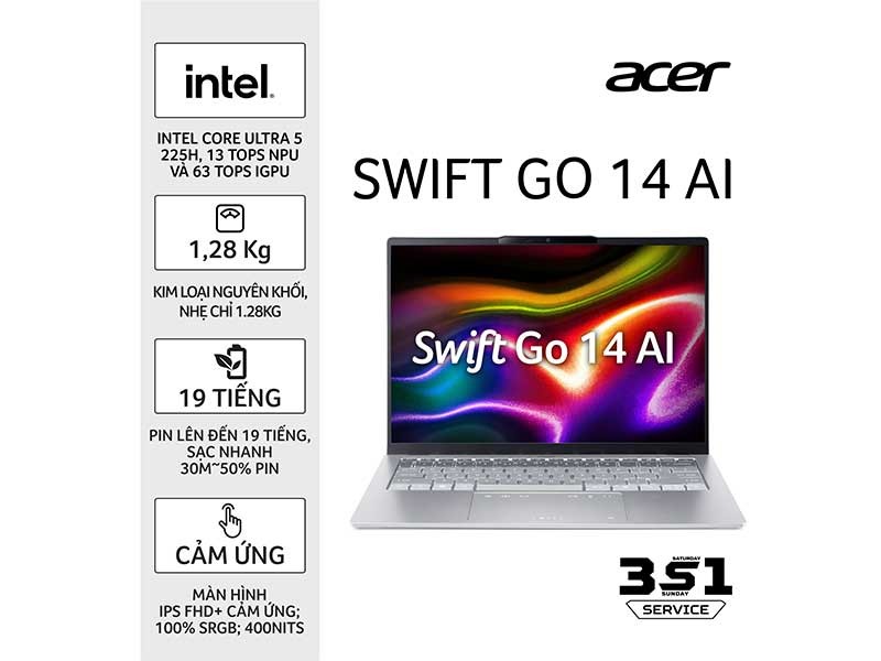 Laptop Acer Swift Go SFG14-74T-55HD NX.JF9SV.001 (Ultra 5 225H/ Ram 16GB/ SSD 1TB/ Touch/ Windows 11 Home/ 1Y/ Xám)